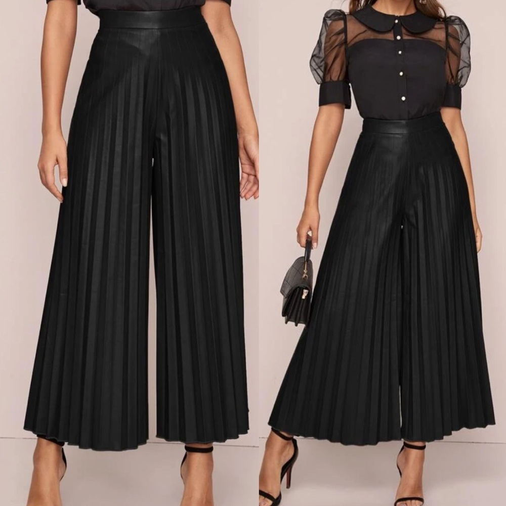 Vegan Leather Palazzo Wide Pants Black
